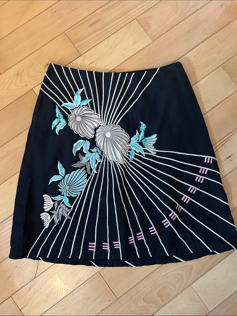 French Connection Black Mini Skirt with Teal and Pink Floral Embroidery